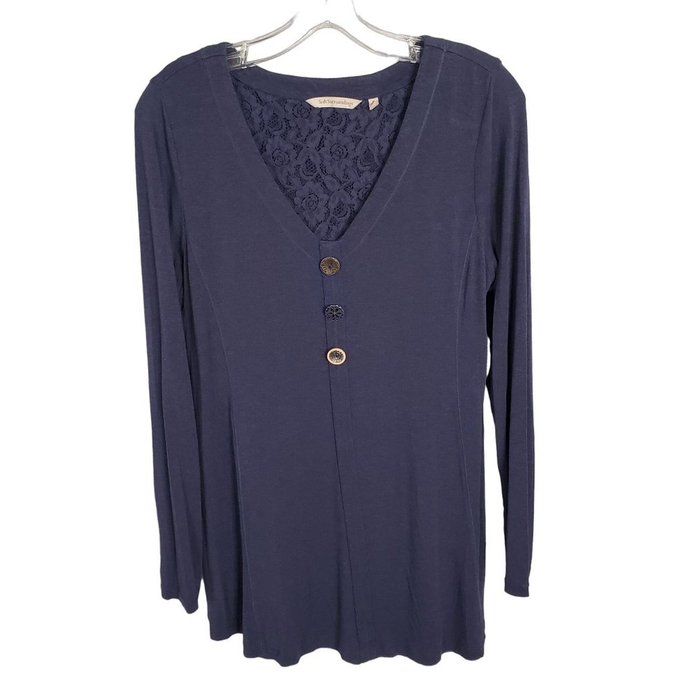 Soft Surroundings Sz M Tunic Maddalena Jersey Knit Shaped Fit Artsy Buttons Blue - Picture 3 of 9